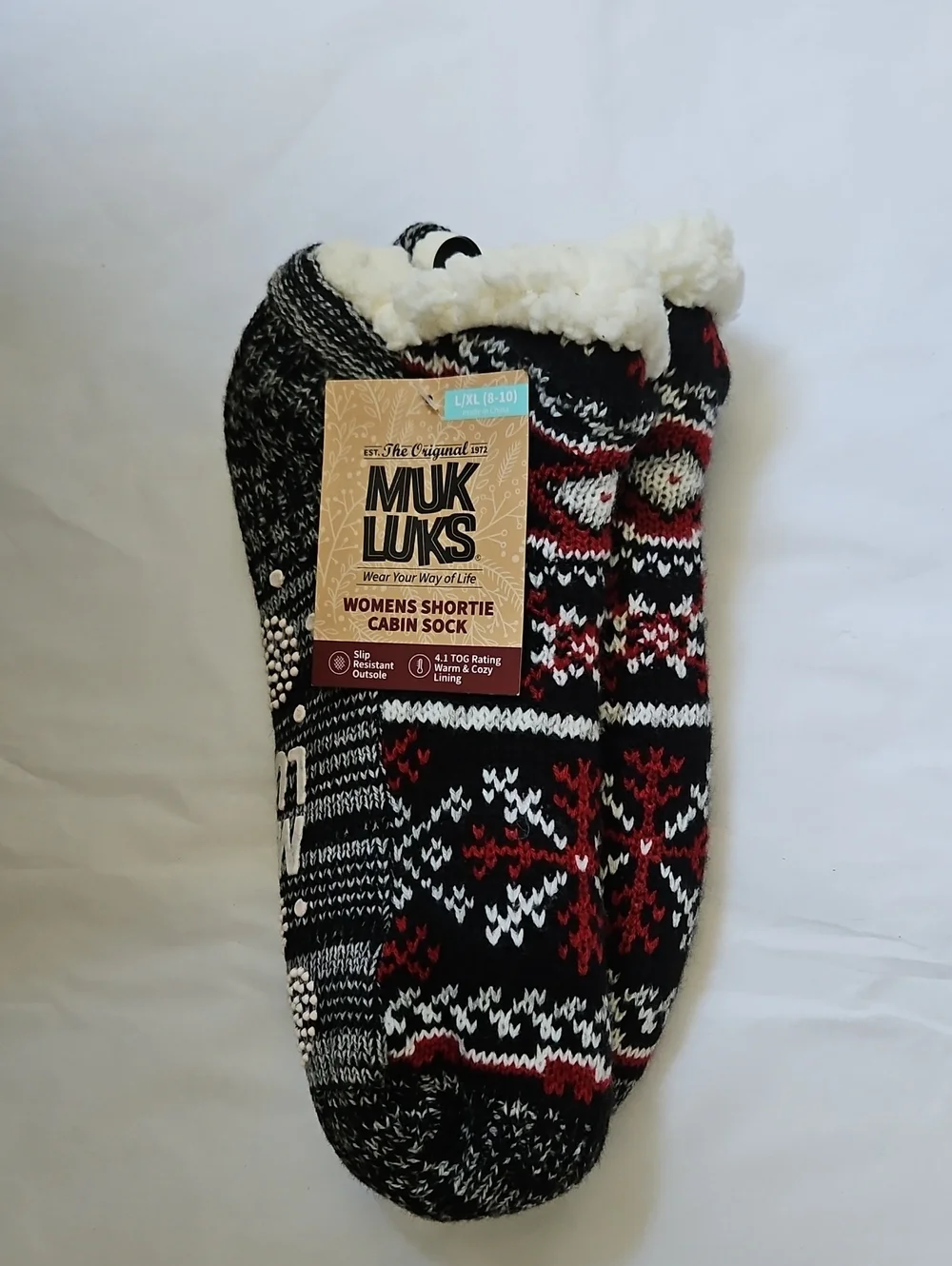 Muk Luks Black, White & Red Knit Sherpa-Lined Cold Weather Cabin Shortie Socks